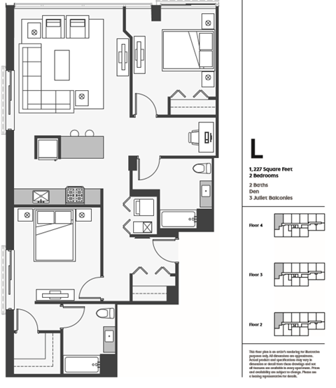 Floor plan for 2 beds, 2 baths, 1227 sqft